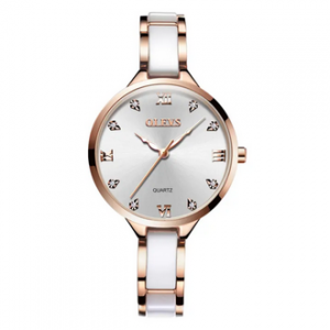 OLEVS 5872 White And RoseGold Ceramic Steel Analog Watch For Women - RoseGold & White